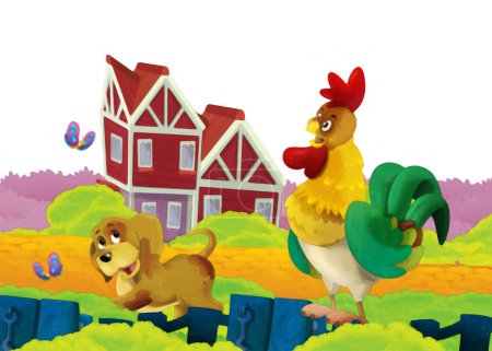 Foto de Escena de granja de dibujos animados con pájaro de pollo animal divirtiéndose sobre fondo blanco con espacio para el texto - ilustración para niños estilo de pintura artística - Imagen libre de derechos