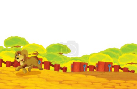 Foto de Escena de dibujos animados con perro divirtiéndose en la granja sobre fondo blanco - ilustración para niños estilo de pintura artística - Imagen libre de derechos