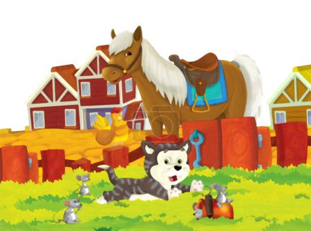 Téléchargez les photos : Scène de dessin animé avec chat et cheval s'amuser à la ferme sur fond blanc illustration pour les enfants style peinture artistique - en image libre de droit
