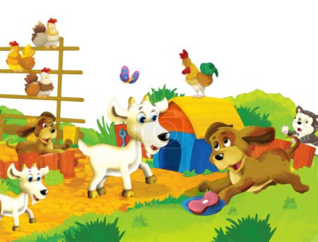 Foto de Escena de granja de dibujos animados con cabra animal divirtiéndose sobre fondo blanco - ilustración para niños estilo de pintura artística - Imagen libre de derechos