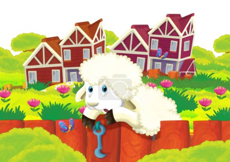 Téléchargez les photos : Scène de dessin animé avec des moutons s'amusant à la ferme sur fond blanc illustration pour les enfants style peinture artistique - en image libre de droit