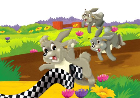 Foto de Escena de dibujos animados con conejo en una granja que se divierte sobre fondo blanco - ilustración para niños estilo de pintura artística - Imagen libre de derechos