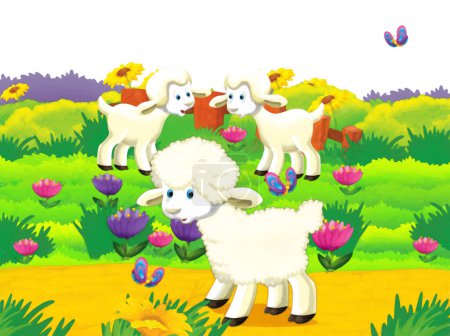 Foto de Escena de dibujos animados con ovejas divirtiéndose en la granja sobre fondo blanco - ilustración para niños estilo de pintura artística - Imagen libre de derechos