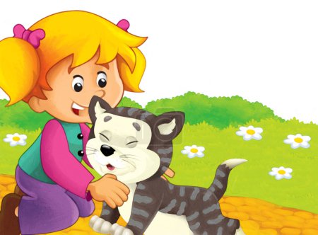 Foto de Escena de dibujos animados con gato divirtiéndose en la granja sobre fondo blanco - ilustración para niños estilo de pintura artística - Imagen libre de derechos