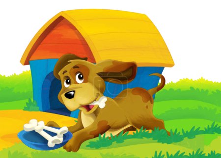 Téléchargez les photos : Scène de dessin animé avec chien sur une ferme s'amusant sur fond blanc illustration pour les enfants - en image libre de droit