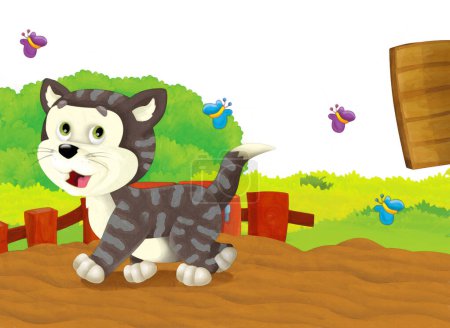 Foto de Escena de dibujos animados con gato divirtiéndose en la granja sobre fondo blanco - ilustración para niños - Imagen libre de derechos