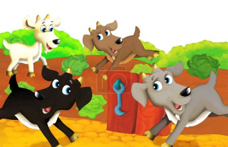 Téléchargez les photos : Scène de ferme de bande dessinée avec chèvre animale s'amusant sur fond blanc illustration pour les enfants - en image libre de droit