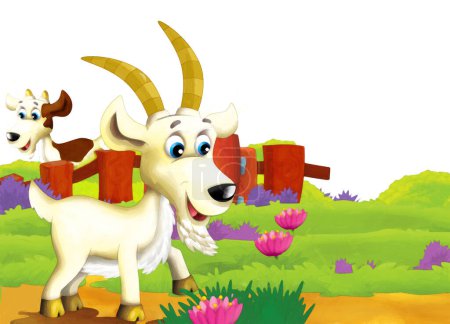 Foto de Escena de granja de dibujos animados con cabra animal divirtiéndose sobre fondo blanco - ilustración para niños - Imagen libre de derechos