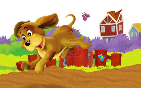Foto de Escena de dibujos animados con perro en una granja que se divierte sobre fondo blanco - ilustración para niños estilo de pintura artística - Imagen libre de derechos