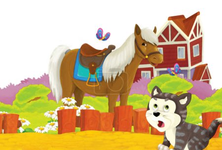 Photo for Cartoon scene with cat and horse having fun on the farm on white background - illustration for children artistic painting style - Royalty Free Image
