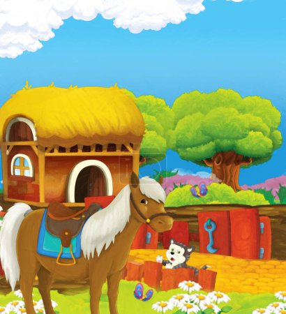 Téléchargez les photos : Scène de dessin animé avec la vie à la ferme avec cheval et chat - illustration pour les enfants style peinture artistique - en image libre de droit