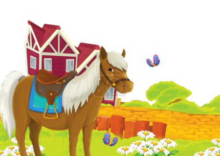 Photo for Cartoon scene with horse having fun on the farm on white background - illustration for children artistic painting style - Royalty Free Image