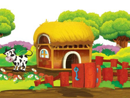 Foto de Escena de dibujos animados con vaca en un rancho de la granja que se divierten en el fondo blanco - ilustración para los niños estilo de pintura artística - Imagen libre de derechos
