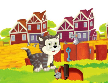 Photo for Cartoon scene with cat having fun on the farm on white background - illustration for children artistic painting style - Royalty Free Image