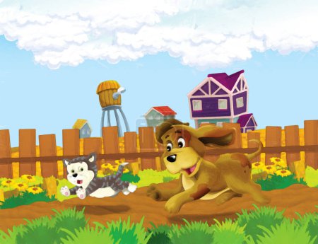 Téléchargez les photos : Scène de dessin animé avec la vie à la ferme avec chien et chat se poursuivant - illustration pour le style de peinture artistique des enfants - en image libre de droit