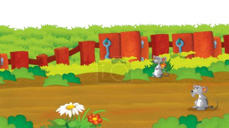 Téléchargez les photos : Scène de dessin animé avec des souris s'amusant à la ferme sur fond blanc illustration pour les enfants style peinture artistique - en image libre de droit