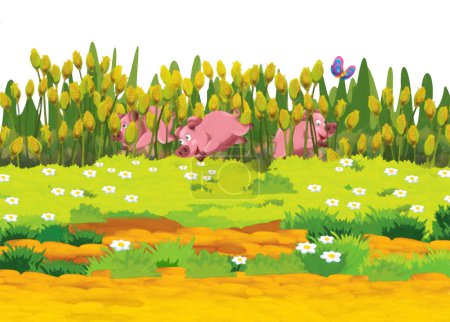 Foto de Escena de dibujos animados con cerdo en un rancho de la granja que se divierten en el fondo blanco - ilustración para niños estilo de pintura artística - Imagen libre de derechos
