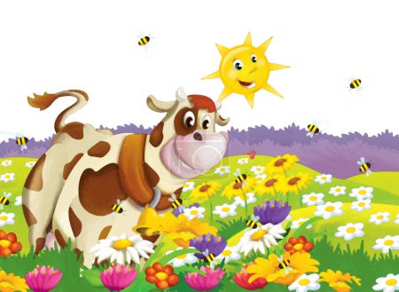 Téléchargez les photos : Scène de dessin animé avec vache s'amuser à la ferme sur fond blanc illustration pour les enfants style peinture artistique - en image libre de droit