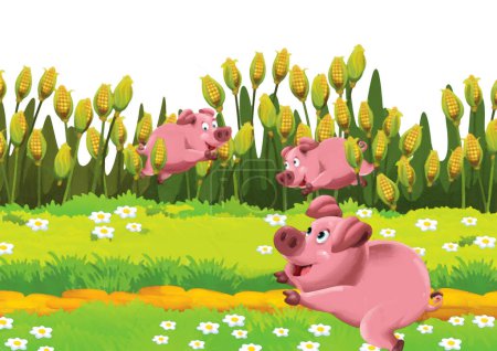 Téléchargez les photos : Scène de dessin animé avec cochon sur un ranch agricole s'amuser sur fond blanc illustration pour les enfants style peinture artistique - en image libre de droit