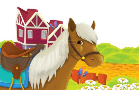 Téléchargez les photos : Scène de dessin animé avec cheval s'amusant à la ferme sur fond blanc illustration pour les enfants style peinture artistique - en image libre de droit