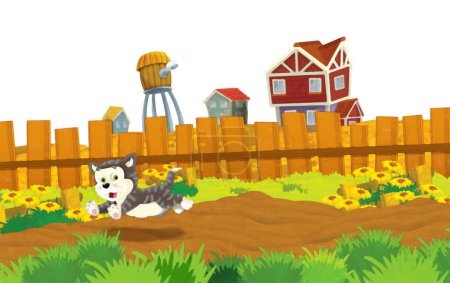 Photo for Cartoon scene with cat having fun on the farm on white background - illustration for children artistic painting style - Royalty Free Image