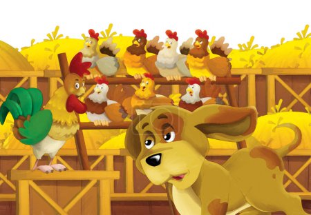 Foto de Escena de granja de dibujos animados con pájaro de pollo animal divirtiéndose sobre fondo blanco con espacio para el texto - ilustración para niños estilo de pintura artística - Imagen libre de derechos