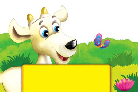 Téléchargez les photos : Scène de ferme de bande dessinée avec chèvre animale s'amusant sur fond blanc illustration pour les enfants style peinture artistique - en image libre de droit