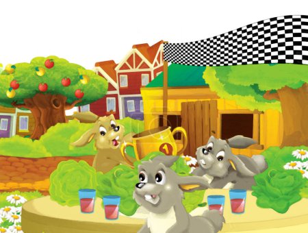 Téléchargez les photos : Scène de dessin animé avec lapin sur une ferme s'amuser sur fond blanc illustration pour les enfants style peinture artistique - en image libre de droit