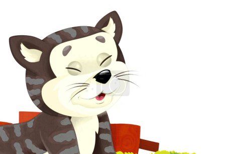 Téléchargez les photos : Scène de dessin animé avec chat s'amusant à la ferme sur fond blanc illustration pour les enfants style peinture artistique - en image libre de droit