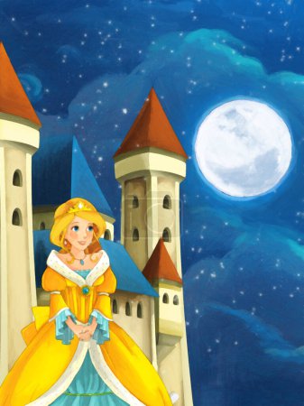 Téléchargez les photos : Scène de dessin animé avec princesse sorcière la nuit près du château illustration pour les enfants scène de peinture artistique - en image libre de droit