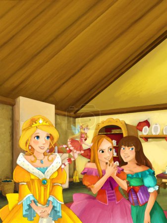 Téléchargez les photos : Scène de dessin animé avec princesse dans la cuisine de la maison de ferme illustration pour les enfants scène de peinture artistique - en image libre de droit