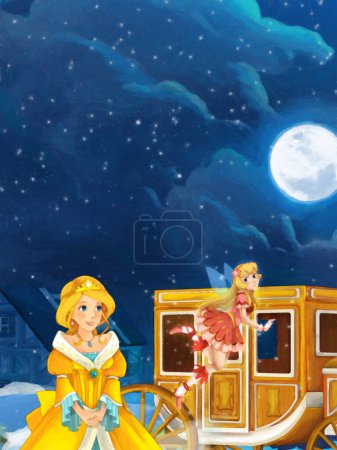 Foto de Escena de dibujos animados con princesa cerca del castillo ilustración para niños escena de pintura artística - Imagen libre de derechos