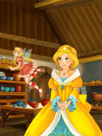 Téléchargez les photos : Scène de dessin animé avec princesse dans la cuisine de la maison de ferme illustration pour les enfants scène de peinture artistique - en image libre de droit
