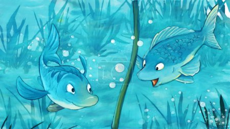 Téléchargez les photos : Scène de dessin animé avec des poissons illustration sous-marine pour les enfants scène de peinture artistique - en image libre de droit