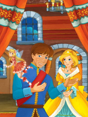 Foto de Escena de dibujos animados con príncipe y princesa boda en la sala del castillo ilustración para los niños escena de pintura artística - Imagen libre de derechos