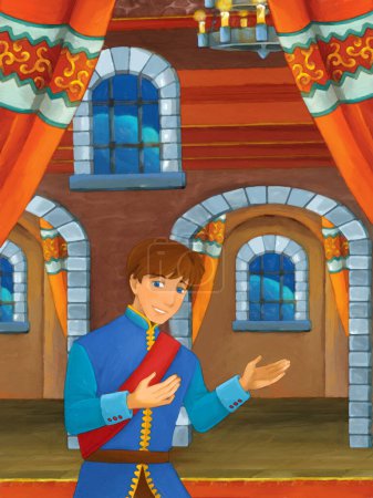 Téléchargez les photos : Scène de dessin animé avec prince dans la salle du château illustration pour les enfants scène de peinture artistique - en image libre de droit