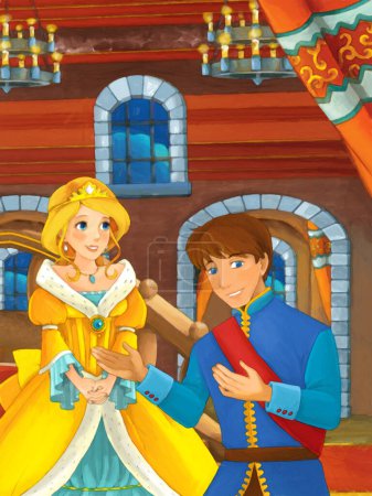 Photo for Cartoon scene with prince and princess wedding in the castle room illustration for children artistic painting scene - Royalty Free Image