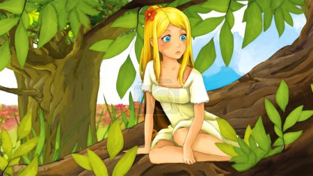 Téléchargez les photos : Scène de dessin animé avec petite princesse elfe fille dame dans la nature illustration pour enfants scène de peinture artistique - en image libre de droit