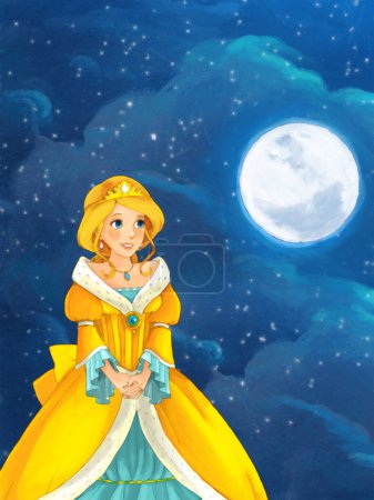 Cartoon scene with princess sorceress by night illustration for children artistic painting scene