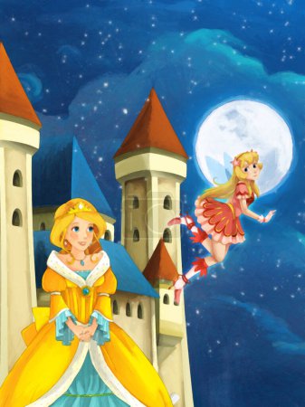 Foto de Escena de dibujos animados con la princesa hechicera por la noche cerca del castillo ilustración para los niños escena de pintura artística - Imagen libre de derechos