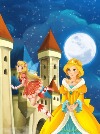Téléchargez les photos : Scène de dessin animé avec princesse sorcière la nuit près du château illustration pour les enfants scène de peinture artistique - en image libre de droit