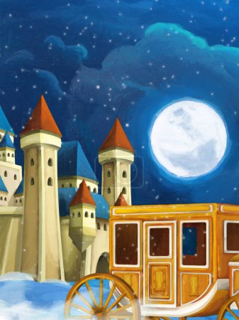 Photo for Cartoon scene of a classic carriage near the castle - illustration for children artistic painting scene - Royalty Free Image