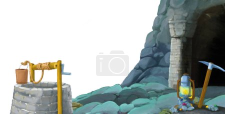 Cartoon-Szene mit Eingang zum Bergwerk auf weißem Hintergrund mit Platz für Text - Illustration für Kinder im künstlerischen Stil