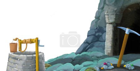 Foto de Escena de dibujos animados con entrada a la mina sobre fondo blanco con espacio para el texto - ilustración para niños escena de estilo artístico - Imagen libre de derechos