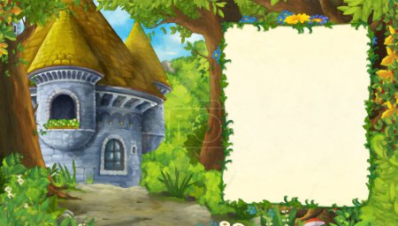 Téléchargez les photos : Dessin animé scène de nature avec tour de château dans la forêt avec cadre pour le texte illustration pour les enfants scène de peinture artistique - en image libre de droit
