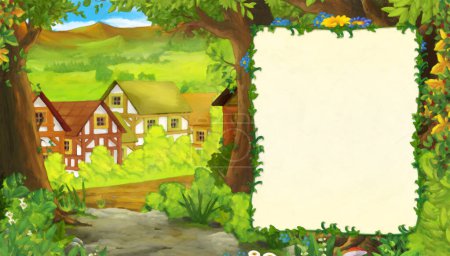 Photo for Cartoon summer scene with path to the farm village with frame for text - nobody on the scene - illustration for children artistic painting scene - Royalty Free Image