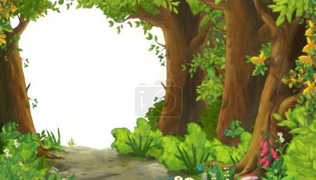 Téléchargez les photos : Dessin animé scène d'été avec prairie dans la forêt avec illustration de fond blanc pour les enfants scène de peinture artistique - en image libre de droit