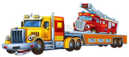 Foto de Escena de dibujos animados con camión de remolque conducción con carga otros bomberos coche bomberos aislado ilustración para niños escena de pintura artística - Imagen libre de derechos