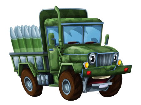 Photo for Cartoon happy and funny off road military truck looking like monster truck with bullets ammo smiling vehicle isolated illustration for children artistic painting scene - Royalty Free Image