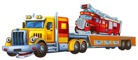 Photo for Cartoon scene with tow truck driving with load other car fireman fire brigade isolated illustration for children artistic painting scene - Royalty Free Image